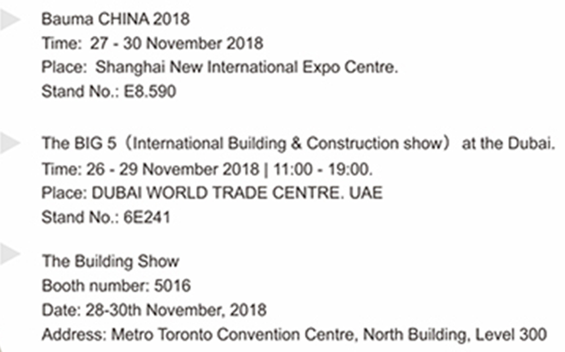 Xingyi приняла участие в трех крупных выставках (Bauma China 2018, Big5, Building Show) в ноябре